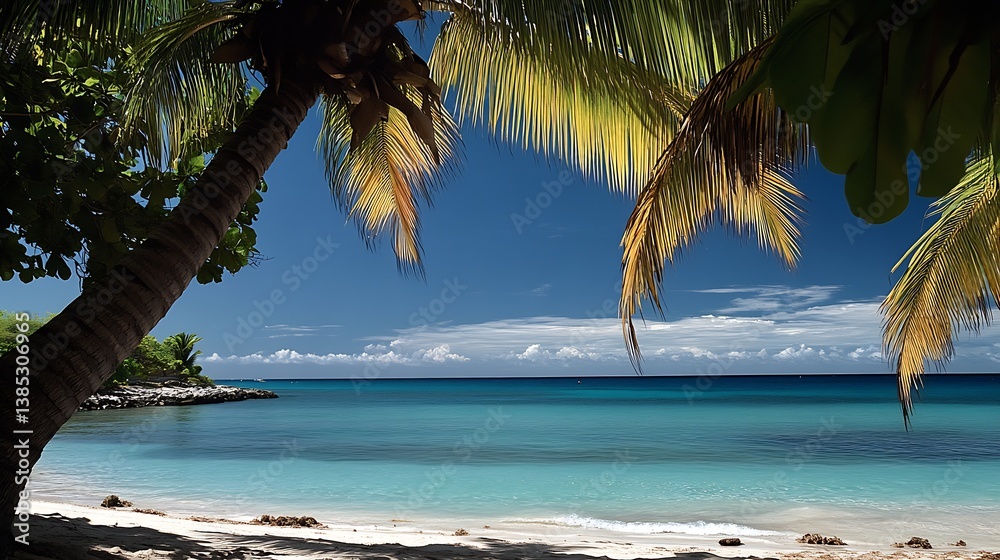 Aufkleber Idyllic beach setting with palm trees and crystal clear waters inviting relaxation : Generative AI