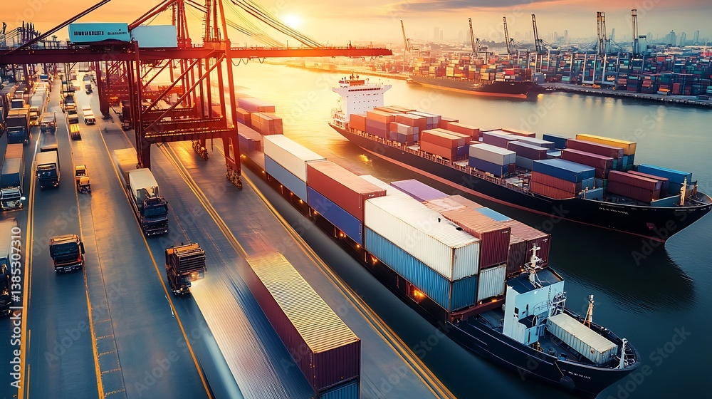 Poster dynamic view of shipping containers being loaded onto a cargo ship at sunset : generative ai