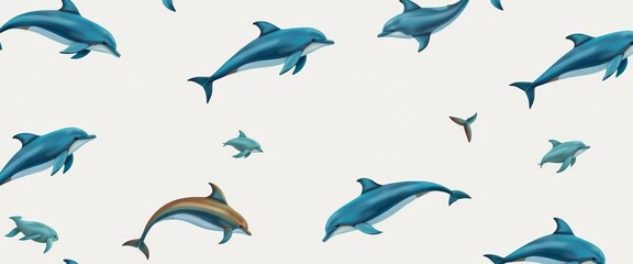 Fototapeta premium Seamless pattern featuring playful dolphins swimming in various directions against a clean white background, surface pattern, repeat