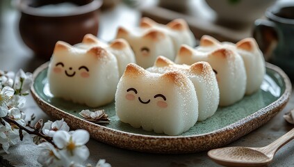 Cute Japanese pastries in the shape of cats, with pastel colors and soft lighting. The dishes have cat ears on top with happy faces.