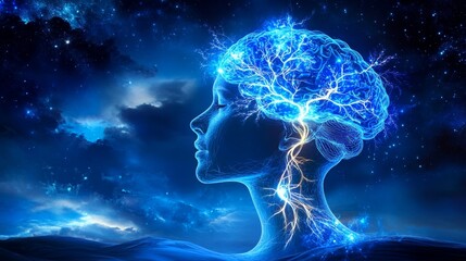 Obraz premium A brain being recharged with glowing blue circuits, symbolizing renewed creativity