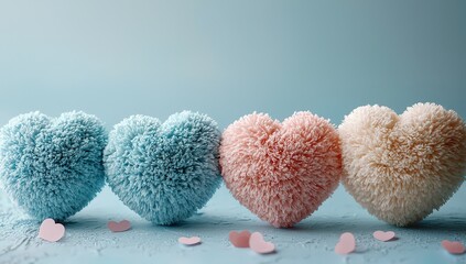 Cute, pastel-colored, heart-shaped fur balls on a blue background, with copy space available. 