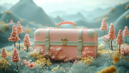 Cute suitcase-shaped landscape background with trees and hills