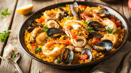 Saffron-infused rice dish with shrimp, mussels, and squid