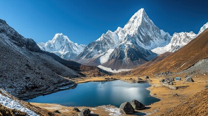 Obraz premium Himalayan lake, snow-capped peaks, autumn valley, trekking camp