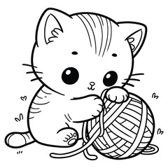 Cute Cartoon Kitten Playing with Yarn Ball Outline Vector Illustration
