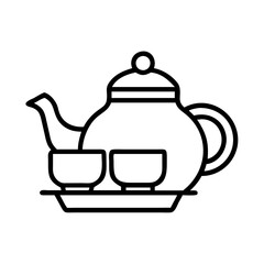 Outline drawing of teapot with cups for tea ceremony and tea time relaxation and enjoyment concept