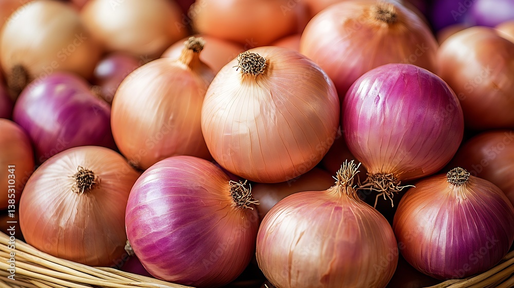 Poster vibrant grouping of pink and yellow onions in a rustic basket highlighting farm fresh produce : gene