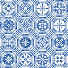 Watercolor seamless pattern of hand drawn tiles with geometrical and floral ornaments