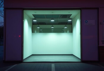Empty storefront at dusk, soft light illuminating vacant interior, night, light