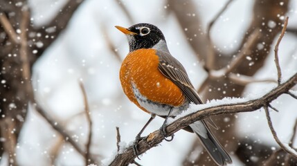 American Robin in Snowfall on Branch
