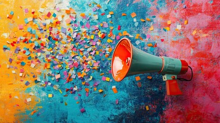 Megaphone blasts colorful confetti into the air, creating a vibrant explosion of excitement, energy, and joy. 