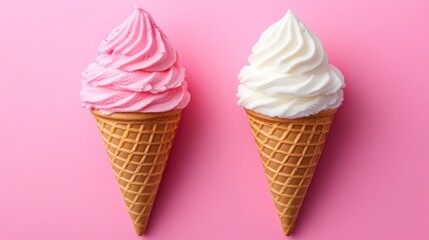 A pastel background highlights the close-up of two delicious ice cream cones with pink and white swirls, real photograph for marketing sweet treats.