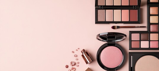 Designer makeup palette on the right, soft pink background, beauty branding area 