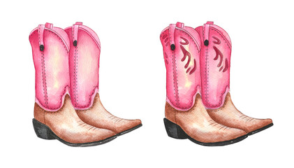 Colorful hand drawn watercolor of pink cowboy boots showcasing intricate designs and classic Western style
