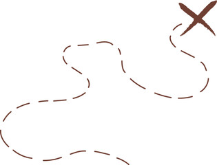 Treasure map element. A dashed line and red X mark ink on the map, the treasure map with a dotted line, X marks the spot, dashed line to an X, brown ink