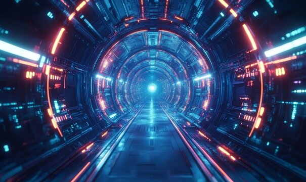 Sci-fi technolog structures. Hi-tech neon sci-fi tunnel. Trendy neon glow  pattern and construction - alien mechanism. Fly through technology cyberspace. 3d looped seamless 4k. Cyberpunk, - Powered by Adobe