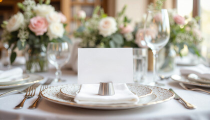 Fototapeta premium Wedding place card mockup displayed on a dining table with floral decor 