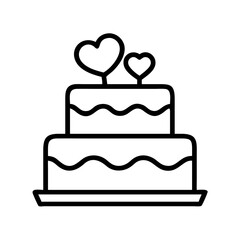 Two tiered wedding cake with heart toppers vector icon for bakery and celebration designs black outline 