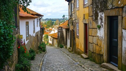 Fototapeta premium Cobblestone street uphill, historic village, Portugal, scenic view