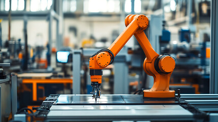 An AI powered robot performing precision cutting and assembly in a fabrication workshop, workshop with real-time data on material handling and automated cutting, Manufacturing technology style