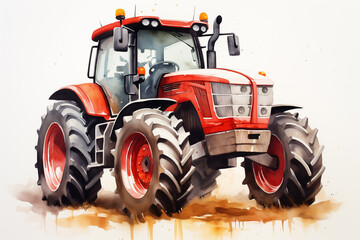 Red tractor in the field.