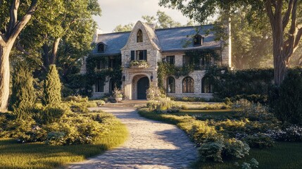 Obraz premium Stone house, garden path, sunlight, trees, idyllic suburban scene, real estate