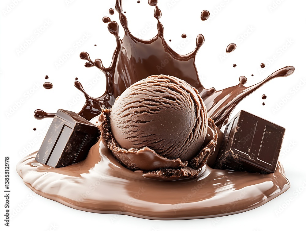 Poster Tempting view of chocolate ice cream with melting chocolate sauce and chunks in a splashy scene : Generative AI