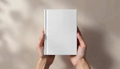 A book mockup in hands, featuring a hardcover book held by two hands, set against a softly blurred background  