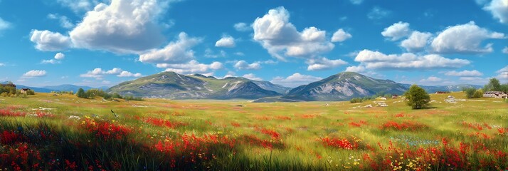 Beautiful spring meadow with colorful wildflowers and mountains in the background. Blue sky with white clouds. Panoramic view.