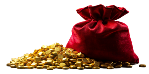 Golden Riches Unveiled: A vibrant close-up showcasing a red velvet bag brimming with treasures beside a cascade of lustrous gold bars, symbolizing wealth, prosperity, and economic growth.