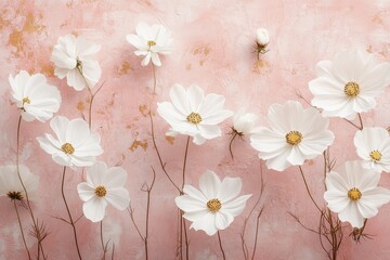 Obraz premium Beautiful white flowers with yellow centers on a pink textured background