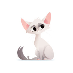 Adorable white cartoon cat with big expressive eyes and pink ears, sitting gracefully with a fluffy tail. Isolated on white background, perfect for kids and design projects
