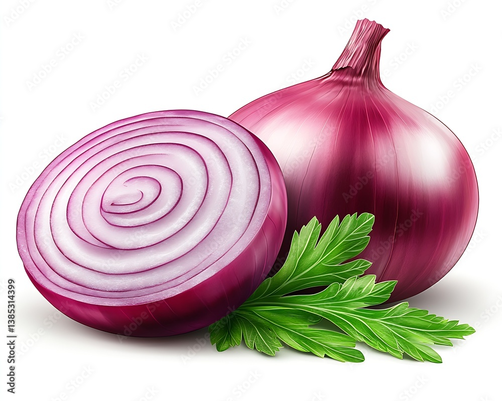Poster delicious red onions displayed artistically with parsley leaves highlighting cross section revealing