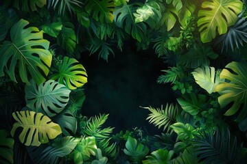 Fototapeta premium A collection of vibrant green tropical leaves densely arranged together