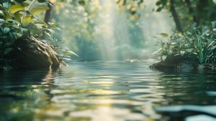 Fototapeta premium Calm jungle stream, sunlit, misty background, nature scene