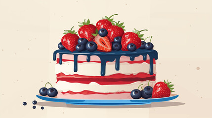 Cake with strawberries and blueberries on a plate. Delicious food illustration.
