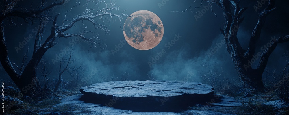 Poster big bright moon illuminating an empty stone podium in a dark and misty forest at night, with bare tr