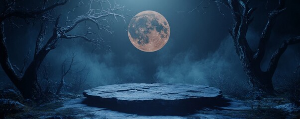 Big bright moon illuminating an empty stone podium in a dark and misty forest at night, with bare trees in the foreground