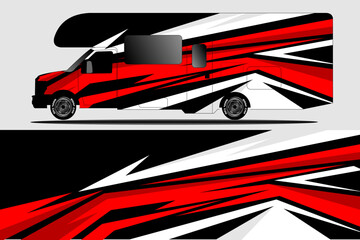 Obraz premium Vibrant graphic design of a modern RV showcasing dynamic red and black patterns against a neutral backdrop