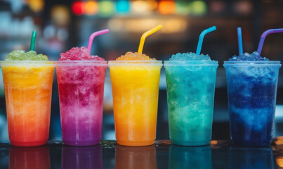 summer cool slush or smoothie iced fruit juice dispenser machine for refreshing chilled drinks in multi colored containers - Generative AI