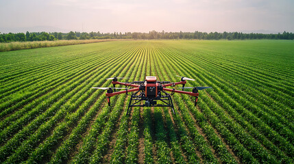 An AI powered system analyzing agricultural drone imagery for crop health optimization, farm field with real-time crop health data from drones and AI analytics, Agricultural technology style