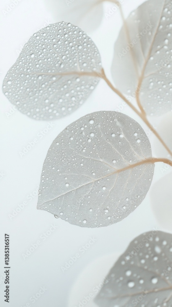 Poster In a tranquil indoor setting, delicate leaves display a mesmerizing array of tiny droplets that glisten softly, capturing the essence of freshness and calm