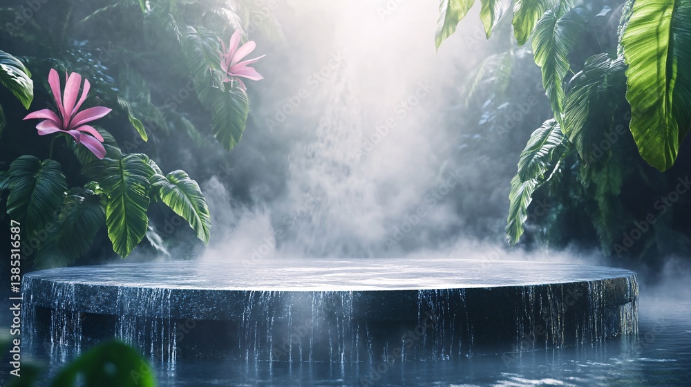 Poster round stone podium with water cascading over edge in tropical jungle setting with steam or fog for p