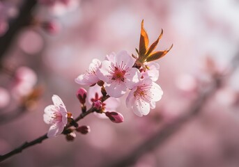 Obraz premium Close-up Cherry Blossom Branch Delicate Pink Flowers, Buds, and Brown Stems on a Blurred Background.