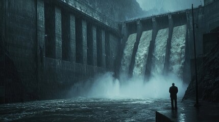 Naklejka premium Solitary Figure at a Majestic Dam Under a Rainy Sky