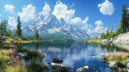 Fototapeta premium Stunning aerial panoramic view of majestic mountains, lush valleys, and serene beauty stretching to the horizon