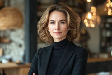 Confident stylish european mature business woman standing at workplace, Generative AI