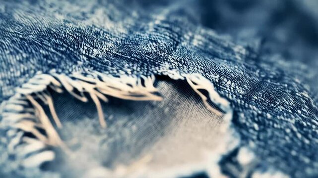 Distressed blue denim close up exposing weathered fabric texture, fraying edges revealing worn surface with soft blurred background