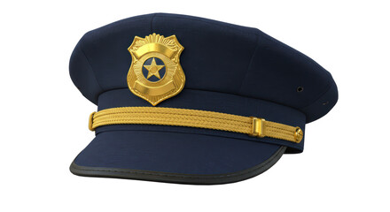 Isolated Navy Blue Police Hat with Gold Badge and Strap